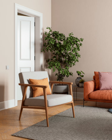 A Stylish Living Room Featuring Modern Furniture, Elegant Accessories, and Lush Plantsの写真素材