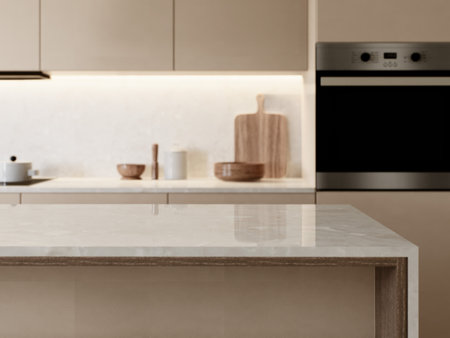 This modern kitchen features a sleek design that embodies a minimalist aesthetic approachの写真素材
