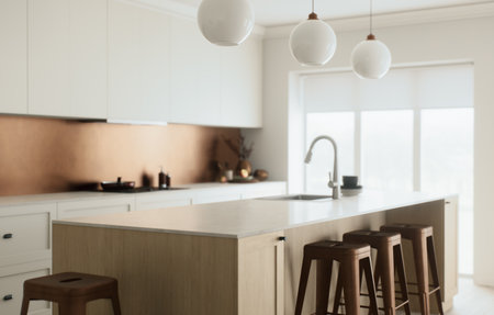 A modern minimalist kitchen with elegant bar seating, great ambiance, and natural lightの写真素材