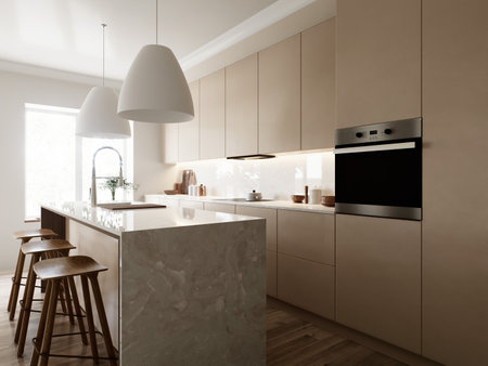 A modern minimalist kitchen with an elegant finish that emphasizes style and functionalityの写真素材