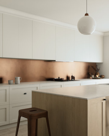 Modern minimalist kitchen design with charming copper accentsの写真素材