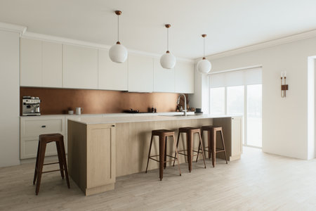 A modern kitchen designed with an elegant bar and featuring a minimalist design aestheticの写真素材