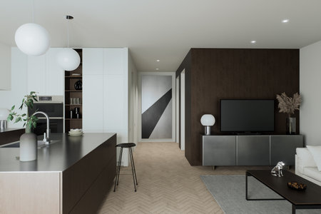 A beautifully designed, modern minimalist living room featuring an elegant open kitchenの写真素材
