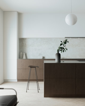 Discover a modern minimalist kitchen with an elegant design for enhanced functionality and styleの写真素材