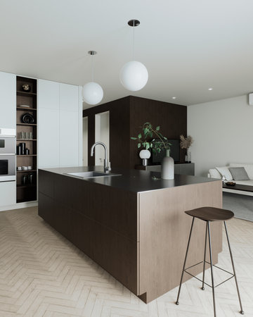 This modern kitchen features a minimalist design with natural elements for contemporary livingの写真素材