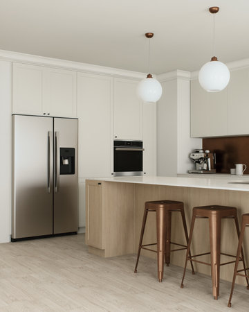 Explore a modern kitchen interior showcasing sleek stainless steel appliances and a stylish designの写真素材