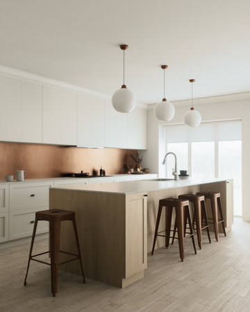 A stunning modern kitchen with beautiful copper accents combined with a minimalist designの写真素材
