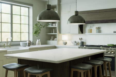 Kitchen with a large island, bar stools, metal lamps - in a traditional style.の写真素材