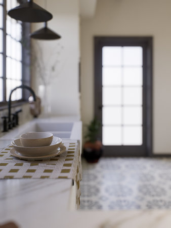 Kitchen with door to backyard.の写真素材