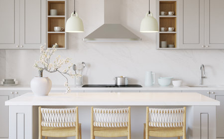 Gray kitchen interior with island. Stylish kitchen with white countertops.の写真素材