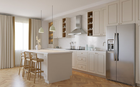 Peach kitchen interior with island. Stylish kitchen with white countertops.の写真素材