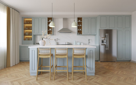 Blue kitchen interior with island. Stylish kitchen with white countertops.の写真素材