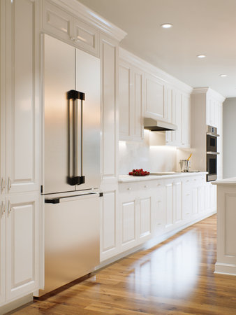 Traditional white kitchen with long island and wooden chairs with varnished wood flooring.の写真素材