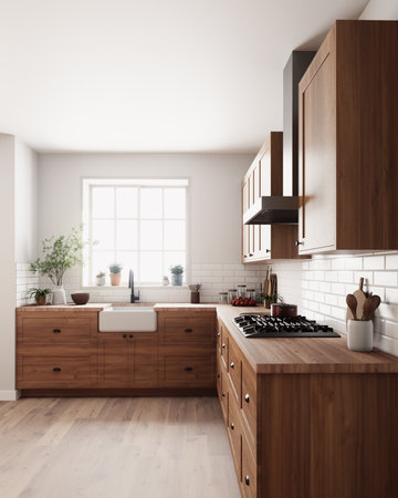 Experience a modern wooden kitchen with abundant natural light and elegant designの写真素材