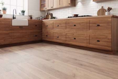 A beautiful modern country kitchen with elegant wood cabinets and a charming farmhouse sinkの写真素材