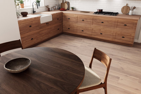 Modern kitchen interior design with warm wooden accents and an attractive cozy dining areaの写真素材