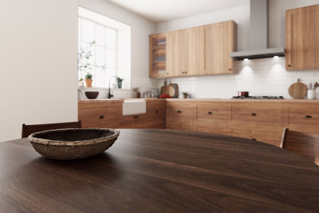 A modern kitchen with beautiful wooden elements and stylish decor that attracts attentionの写真素材