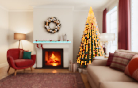 Warm and Cozy Holiday Living Room Decorated with a Beautiful Christmas Tree and Fireplaceの写真素材