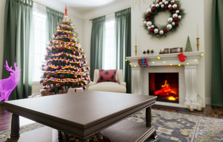Cozy and cozy holiday living room with a beautiful Christmas tree and a warm fireplaceの写真素材