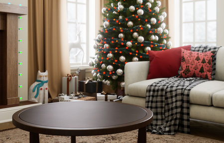 Cozy festive living room with a beautiful Christmas tree and holiday decorationsの写真素材