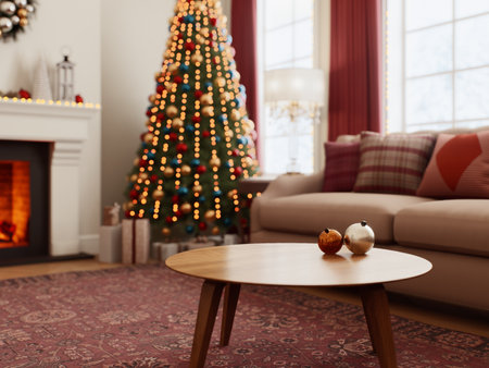 A Cozy Living Room adorned with a beautiful Christmas Tree and delightful Holiday Decorの写真素材