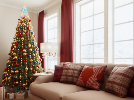 Cozy Christmas living room with festive decor, full of warmth and cheerful atmosphereの写真素材