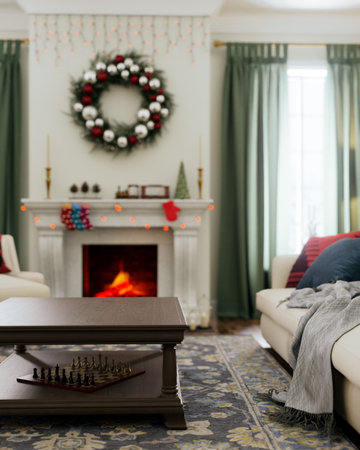 Cozy and cozy winter living room decorated with festive elements and fireplaceの写真素材