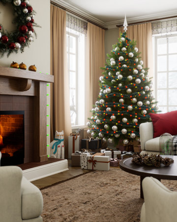 A festive living room with an adorable tree and cozy fireplace, perfect for the holidays.の写真素材