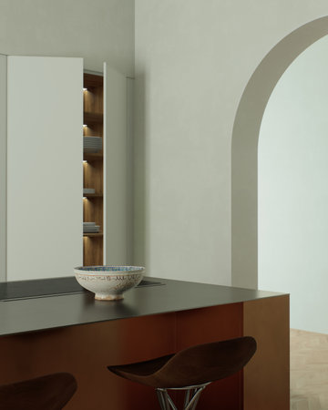 A modern minimalist kitchen with a sleek and elegant arrangement of a copper islandの写真素材