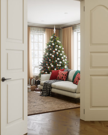 Cozy Christmas living room with a beautifully decorated Christmas tree and festive accents aroundの写真素材