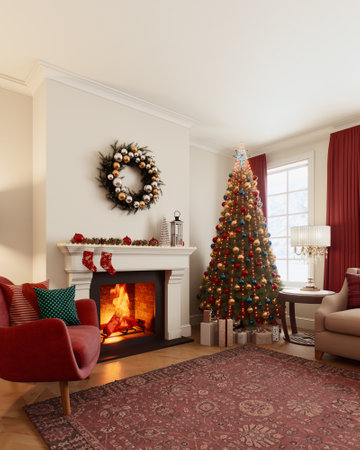 A cozy Christmas living room with a decorated tree and warm fireplace for festive gatheringsの写真素材