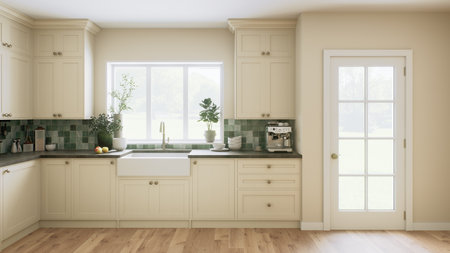 This is a stylish and modern kitchen, decorated with beautiful green accents and an open layoutの写真素材