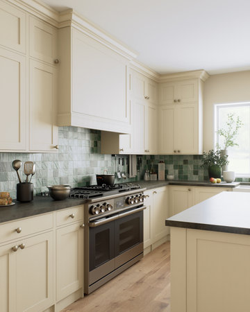 Explore the essence of modern kitchen design featuring sleek appliances and elegant green tilesの写真素材