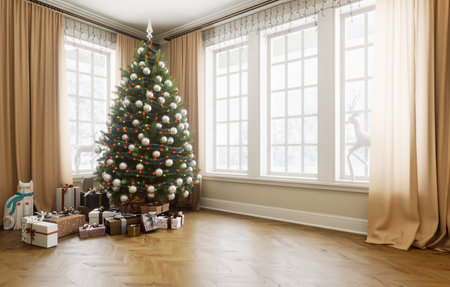 A cozy Christmas-themed living room with a decorated tree and gifts is ideal for holiday gatherings.の写真素材