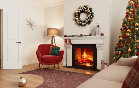 Cozy Christmas living room with beautiful fireplace, holiday decor and accentsの写真素材