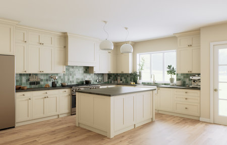 This is a stylish and modern kitchen, decorated with beautiful green accents and an open layoutの写真素材