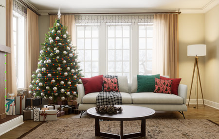 Cozy modern living room, beautifully decorated with a Christmas tree and holiday decorations.の写真素材