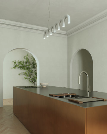 A modern minimalist kitchen with a sleek and elegant arrangement of a copper islandの写真素材
