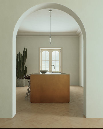 A modern minimalist kitchen with a sleek and elegant arrangement of a copper islandの写真素材