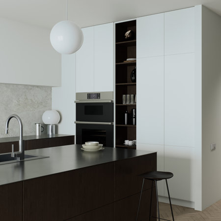 A modern kitchen featuring a sleek design alongside a minimalist aesthetic that captivatesの写真素材