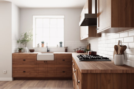 Modern kitchen design with beautiful wooden elements and an elegant and cozy atmosphereの写真素材