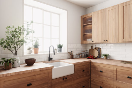 Discover a modern rustic kitchen blending natural elements and warm wood for an inviting spaceの写真素材