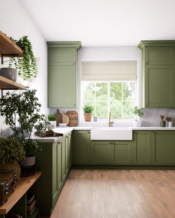 A modern green kitchen with open shelving and natural light, perfect for culinary enthusiastsの写真素材