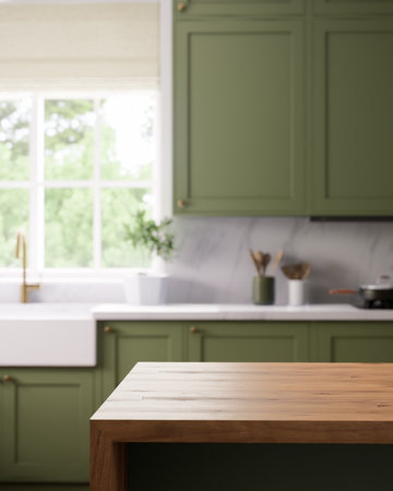 A beautiful modern green kitchen with stylish marble countertops and plenty of natural lightの写真素材