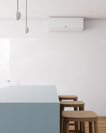 Modern minimalist kitchen with beautiful wooden elements and air conditioning systemの写真素材