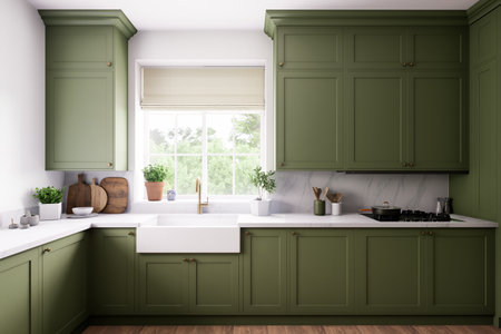 A contemporary modern kitchen with striking green cabinets and a clean, minimalist designの写真素材