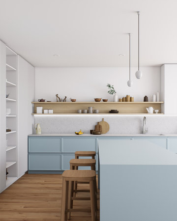Discover a modern minimalist kitchen design with stylish blue accents to create an inviting atmosphereの写真素材