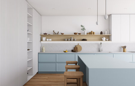 Discover a modern minimalist kitchen with an elegant design that elegantly combines natureの写真素材