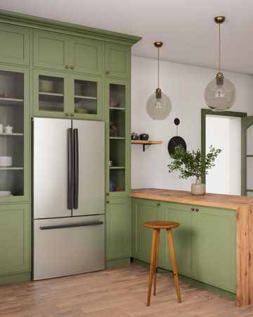 Explore modern green kitchen designs with sleek appliances for cooking and ambianceの写真素材