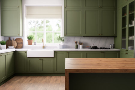 An elegant green kitchen with a chic modern design and abundant natural lightingの写真素材